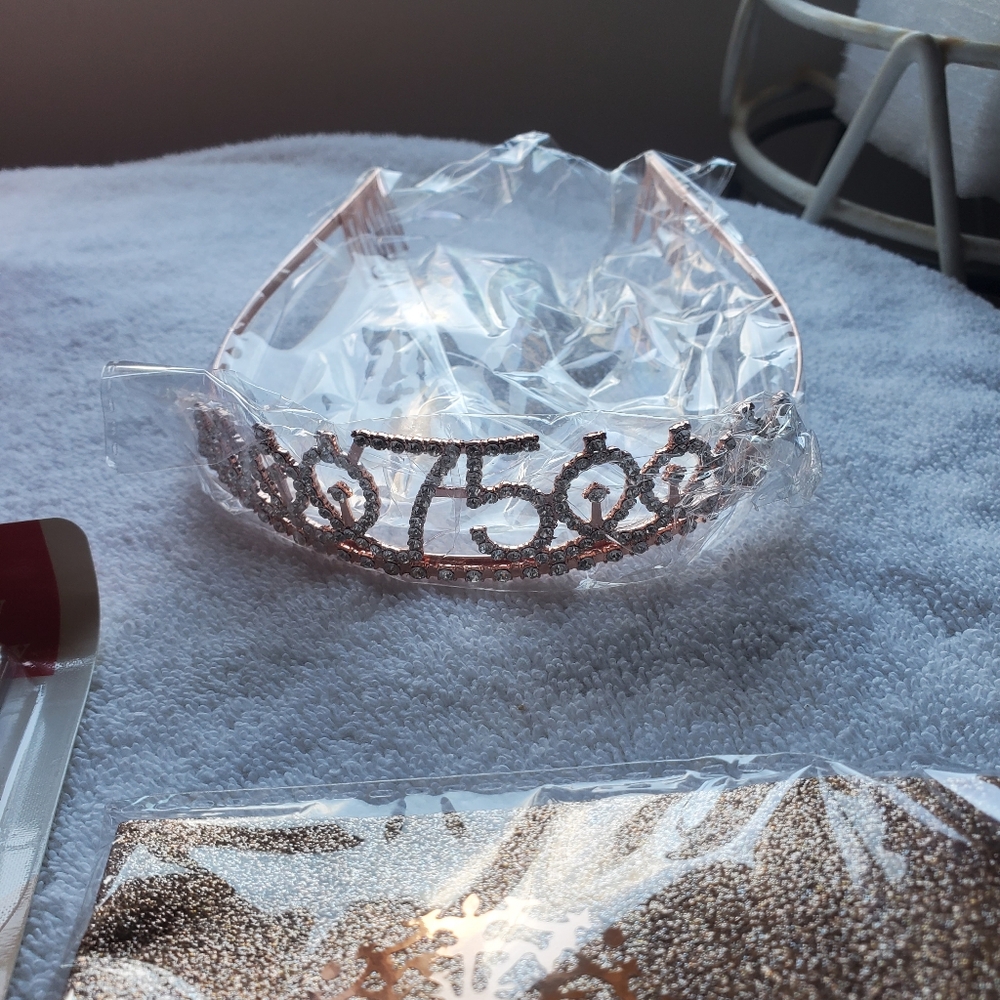 75 Rosegold Bling Tiara, Sash, Candles, & Cake Tooper Lot Of 1 Kit